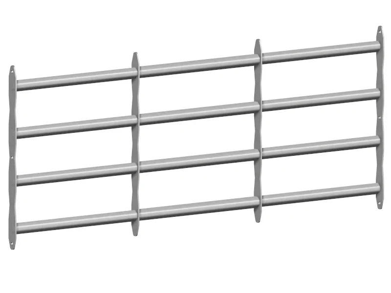 Fenstergitter ausziehbar aus Metall, silberfarben, mit sechs horizontalen Streben