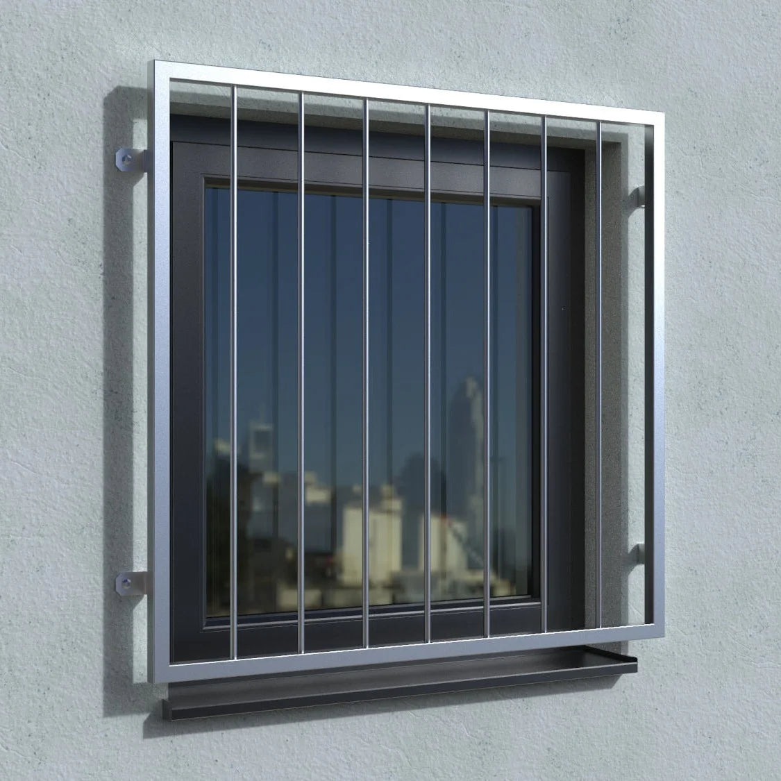 Fenstergitter Modell Turin mit Fensterbrett Edelstahl vorgesetzt real