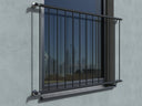 Schwarzes Fenstergitter für französischen Balkon an grauer Hauswand, schlichtes Design