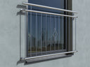 Edelstahl Fenstergitter für französischen Balkon an grauer Hauswand, moderne Optik