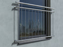 Verzinktes Fenstergitter für französischen Balkon mit vertikalen Stäben und Ziermuster.