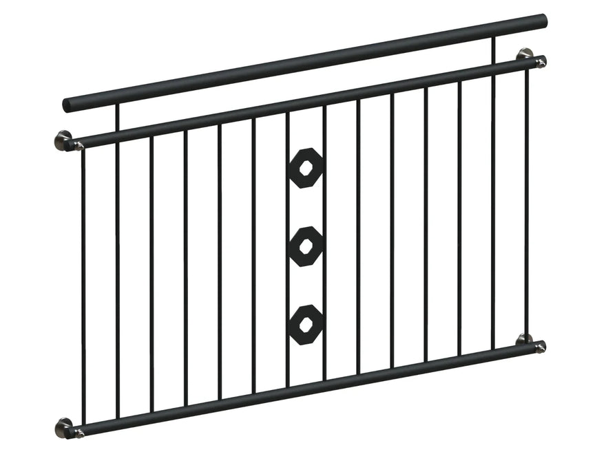 Fenstergitter für französischen Balkon, schwarz, mit senkrechten Stäben und Schmuckelementen
