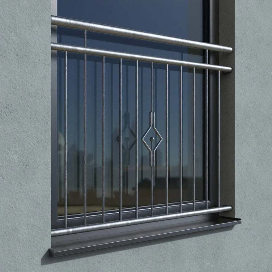 Verzinktes Fenstergitter für französischen Balkon mit Rauten-Design an Fensterlaibung