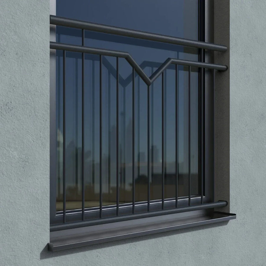 Schwarzes Fenstergitter für französischen Balkon, modern, vor Fenster in Laibung montiert