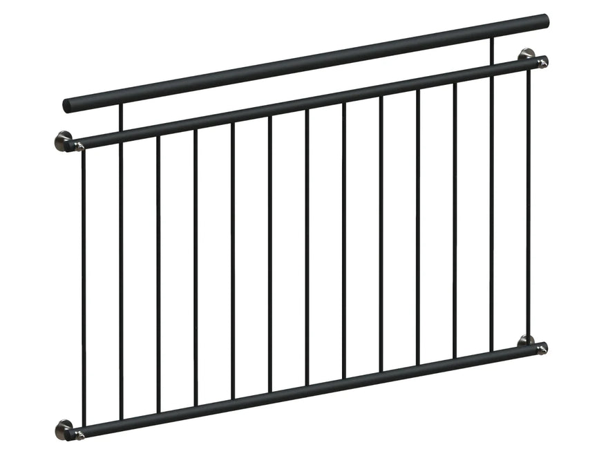 Schwarzes Fenstergitter für französischen Balkon aus Metall mit modernen senkrechten Stäben