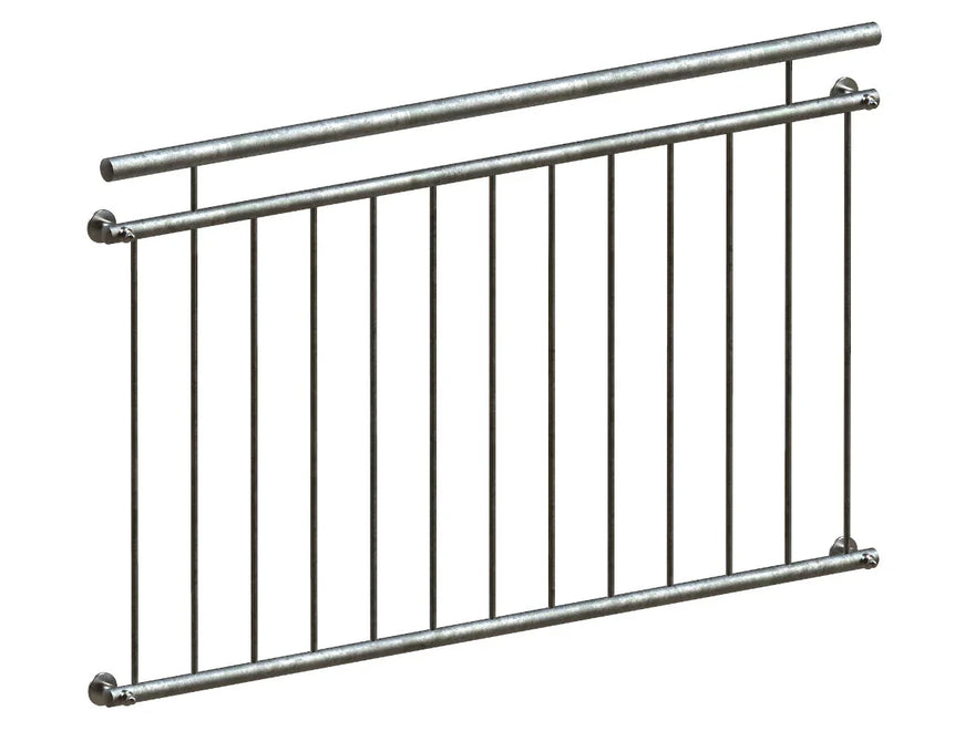 Verzinktes Fenstergitter für französischen Balkon mit vertikalen Streben, modern und robust.