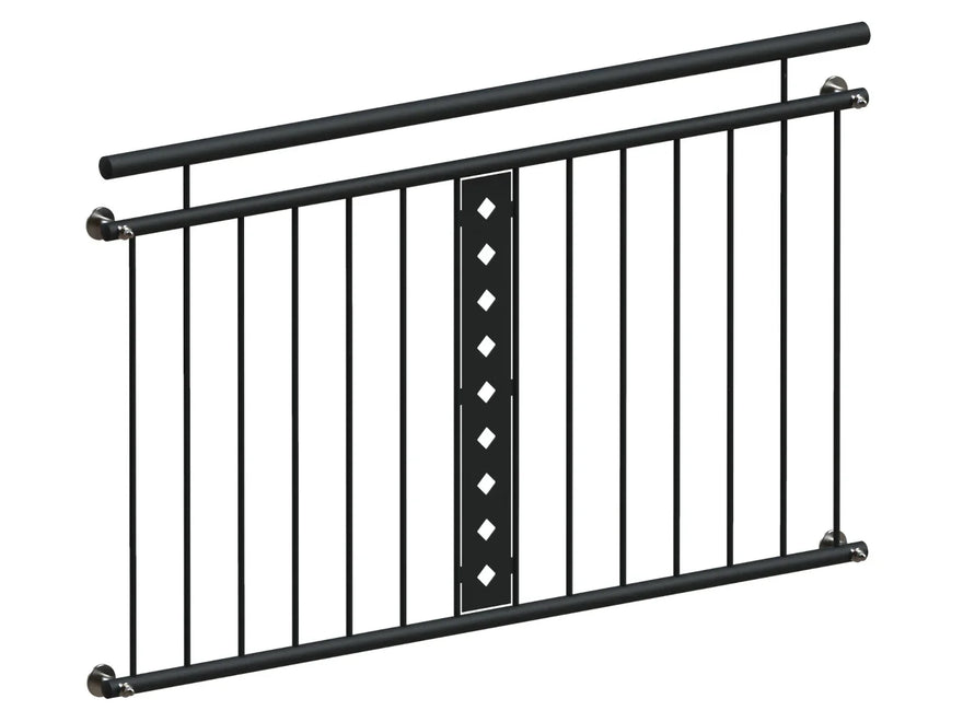Schwarzes Fenstergitter für französischen Balkon mit vertikalen Streben und dekorativem Mittelteil.
