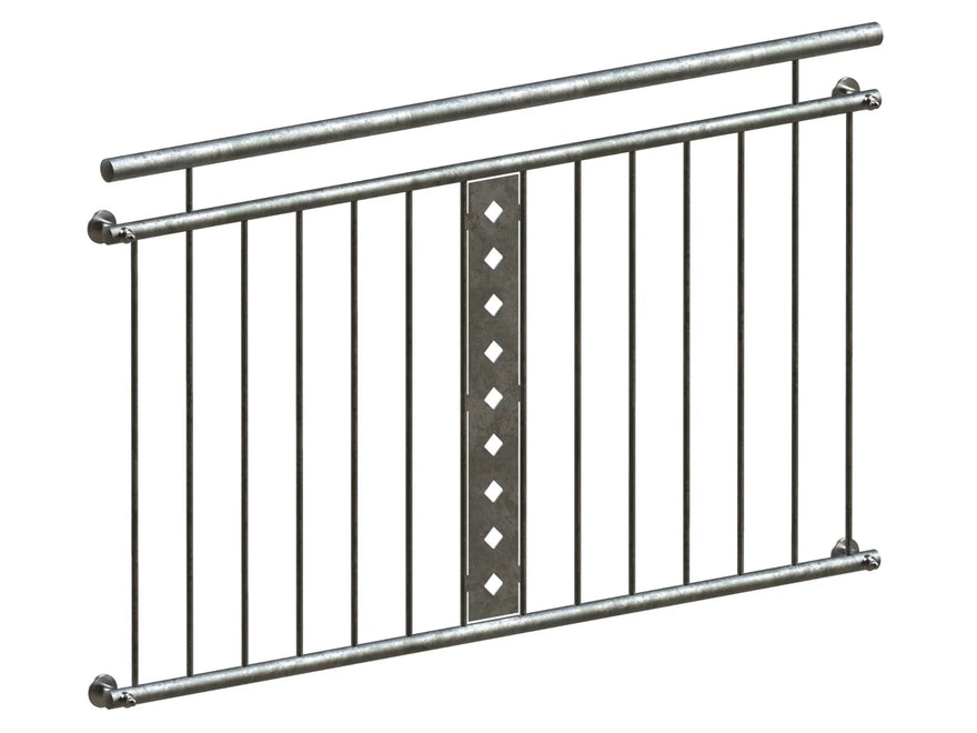 Verzinktes Fenstergitter für französischen Balkon mit senkrechten Stäben und Mittelsäule