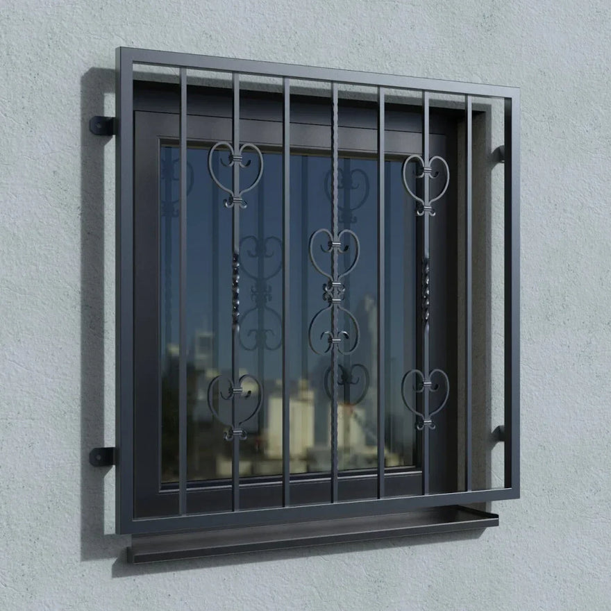 Fenstergitter RAL7016 Florenz mit Herzornamenten und Fensterbrett an Außenwand