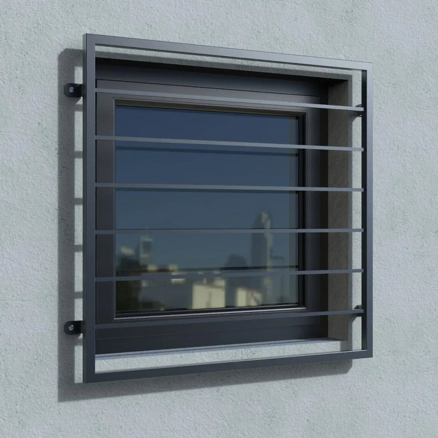 Fenstergitter aus Metall RAL 7016, modern, ohne Fensterbrett, an Außenwand montiert