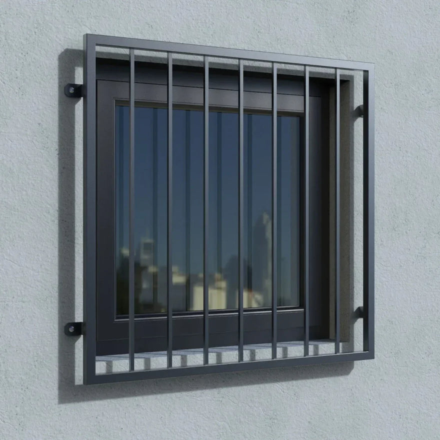 Fenstergitter aus Metall RAL7016 in anthrazit, montiert an Fenster ohne Fensterbrett