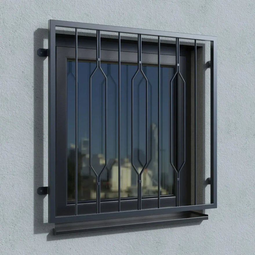 Fenstergitter RAL7016 aus Metall mit modernem Design, montiert an Außenwand mit Fensterbrett