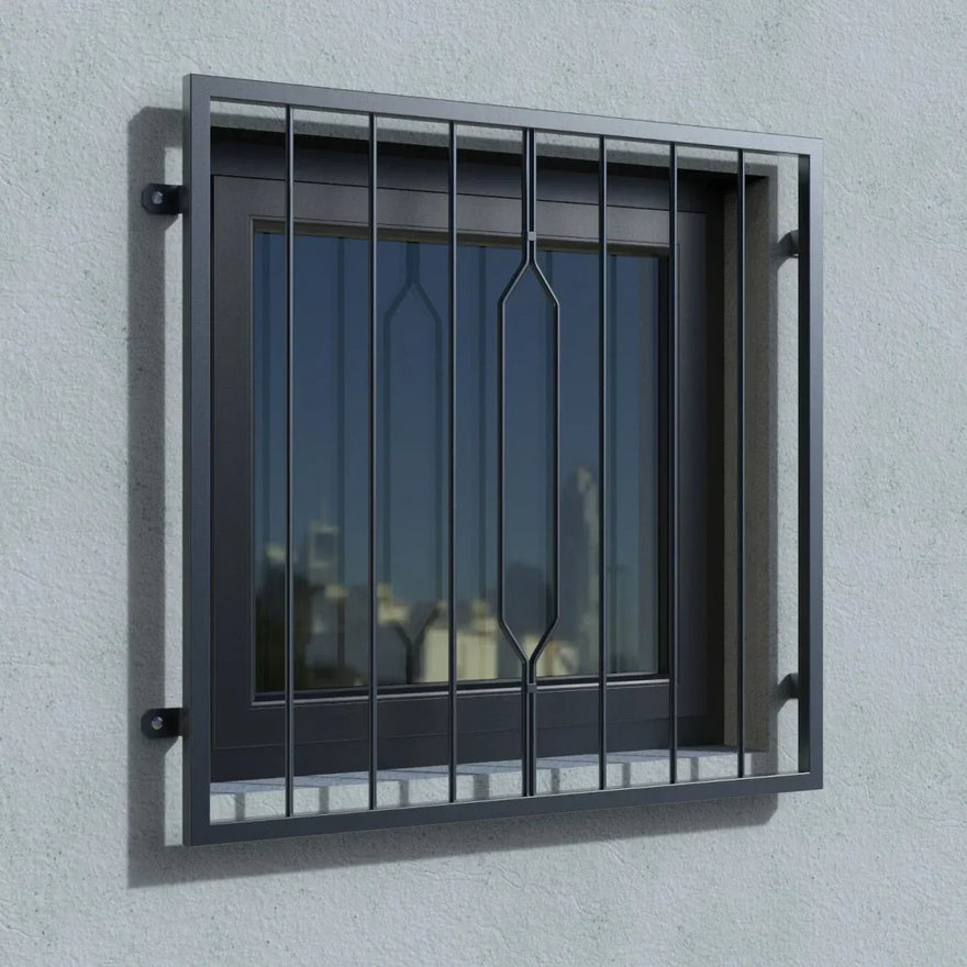Fenstergitter aus Metall RAL 7016, anthrazit, montiert an Hauswand, moderner Stil
