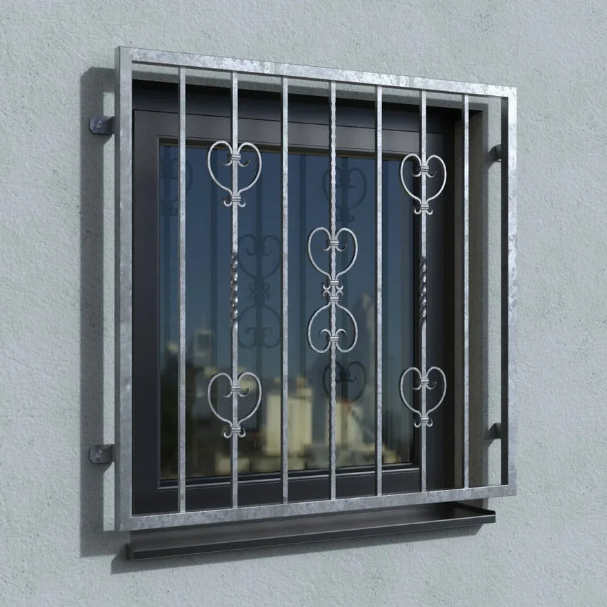 Verzinktes Fenstergitter Florenz mit Fensterbank am modernen Fenster, dekorativer Einbruchschutz