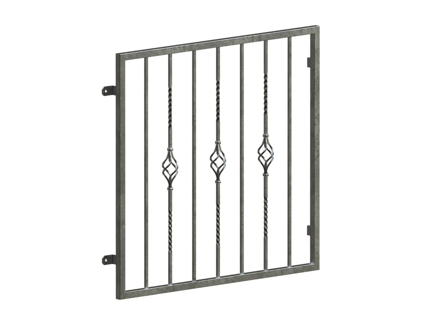 Verzinktes Fenstergitter aus Metall mit dekorativen Drehstäben, einbaufertig.
