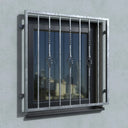 Verzinktes Fenstergitter mit Fensterbank und Zierelementen an einer Außenwand