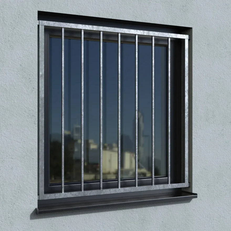 Verzinktes Fenstergitter für Laibung-Montage, stabile senkrechte Stäbe, moderner Einbruchschutz