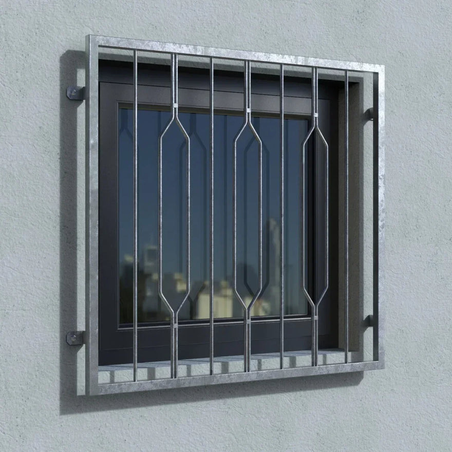 Verzinktes Fenstergitter mit modernem Stabdesign an Außenwand montiert