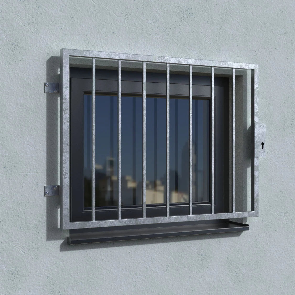 Fenstergitter zum Öffnen mit einem Schloss, Scharniere links – Prinzipbild am Modell Turin verzinkt, für Laibungshöhen unter 1500 mm