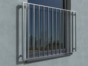 Französischer Balkon aus Edelstahl Flacheisen ohne Handlauf, modern vorgesetzt an Hauswand.