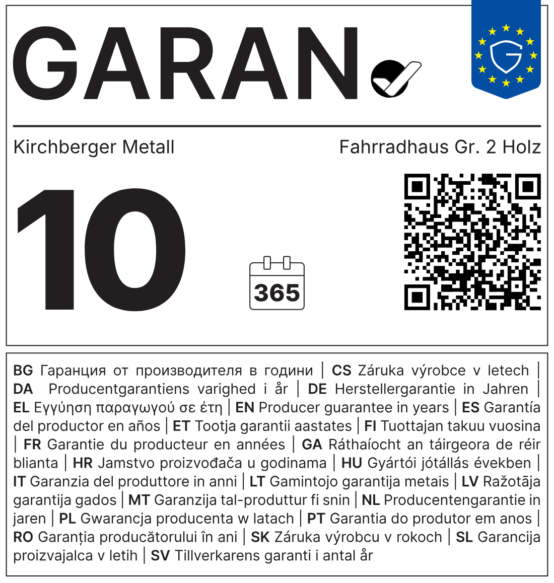 EU-Label GARAN: 10 Jahre Herstellergarantie, Kirchberger Metall, Fahrradhaus Gr. 2 Holz