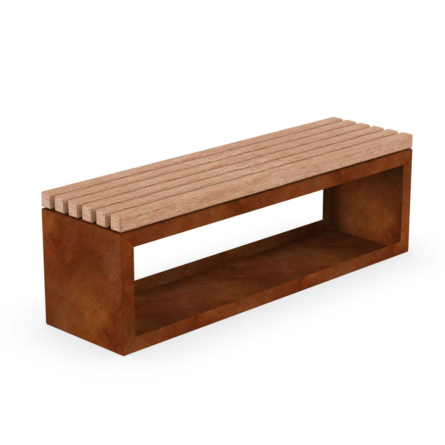 Gartenbank RUSTIC mit offener Holzablage aus Cortenstahl und Lärche – Seitenansicht mit integriertem Holzlager