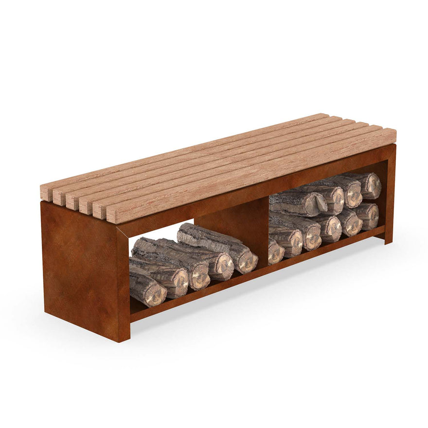 Gartenbank RUSTIC mit versetzter Holzablage – Cortenstahl-Gestell mit Lärchenholz-Sitzfläche und versetzten Holzfächern, Made in Germany