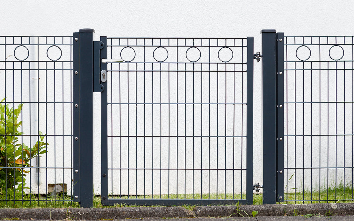 Gartentor ROM einflügelig anthrazit im Schmuckzaun ROM mit Kreis-Ornamenten