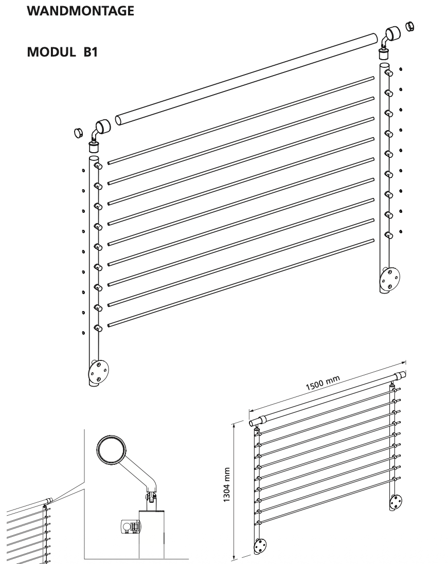 Zeichnung eines Metallgeländers, Wandmontage, Modul B1, Maße 1500x1304 mm, Reling-Geländer.