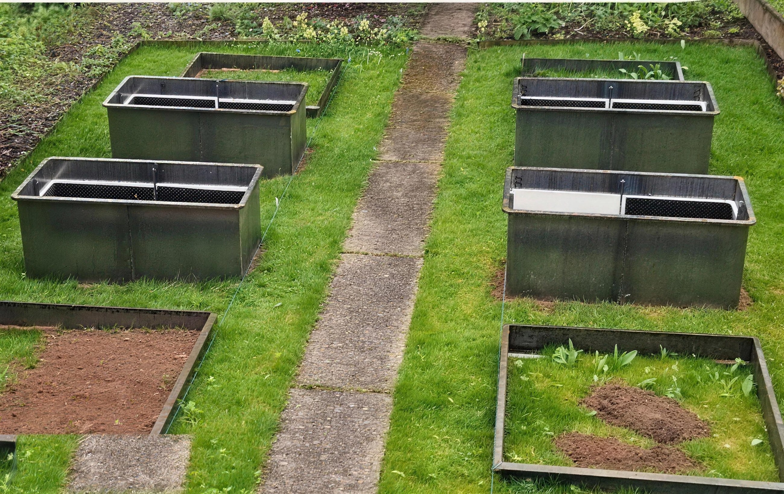 Kundenfoto: vier Cortenstahl Hochbeete nach Maß in Reihe im Garten, befüllt und einsatzbereit