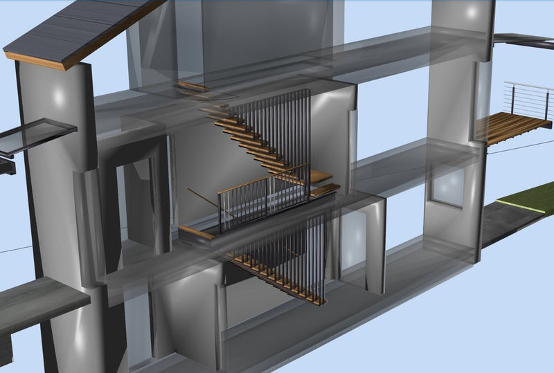 3D-CAD-Zeichnung eines Gebäudeschnitts mit geplanter Stahltreppe und Geländer