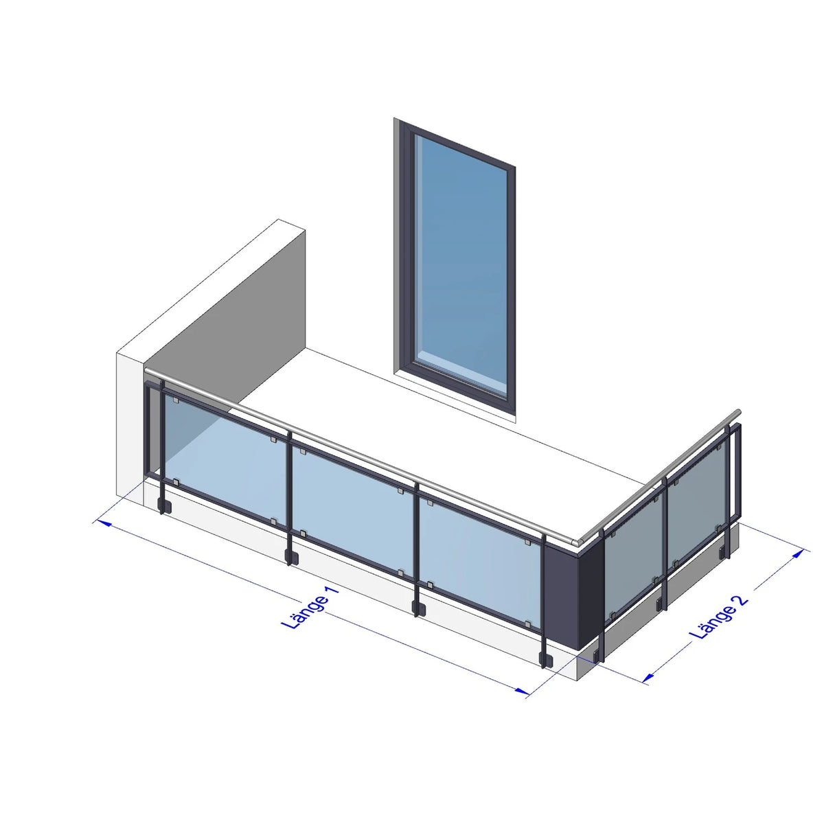 Glas Geländer Modell Vista, L-Form, vorgesetzt, mit Handlauf – Maßskizze Länge 1 und Länge 2