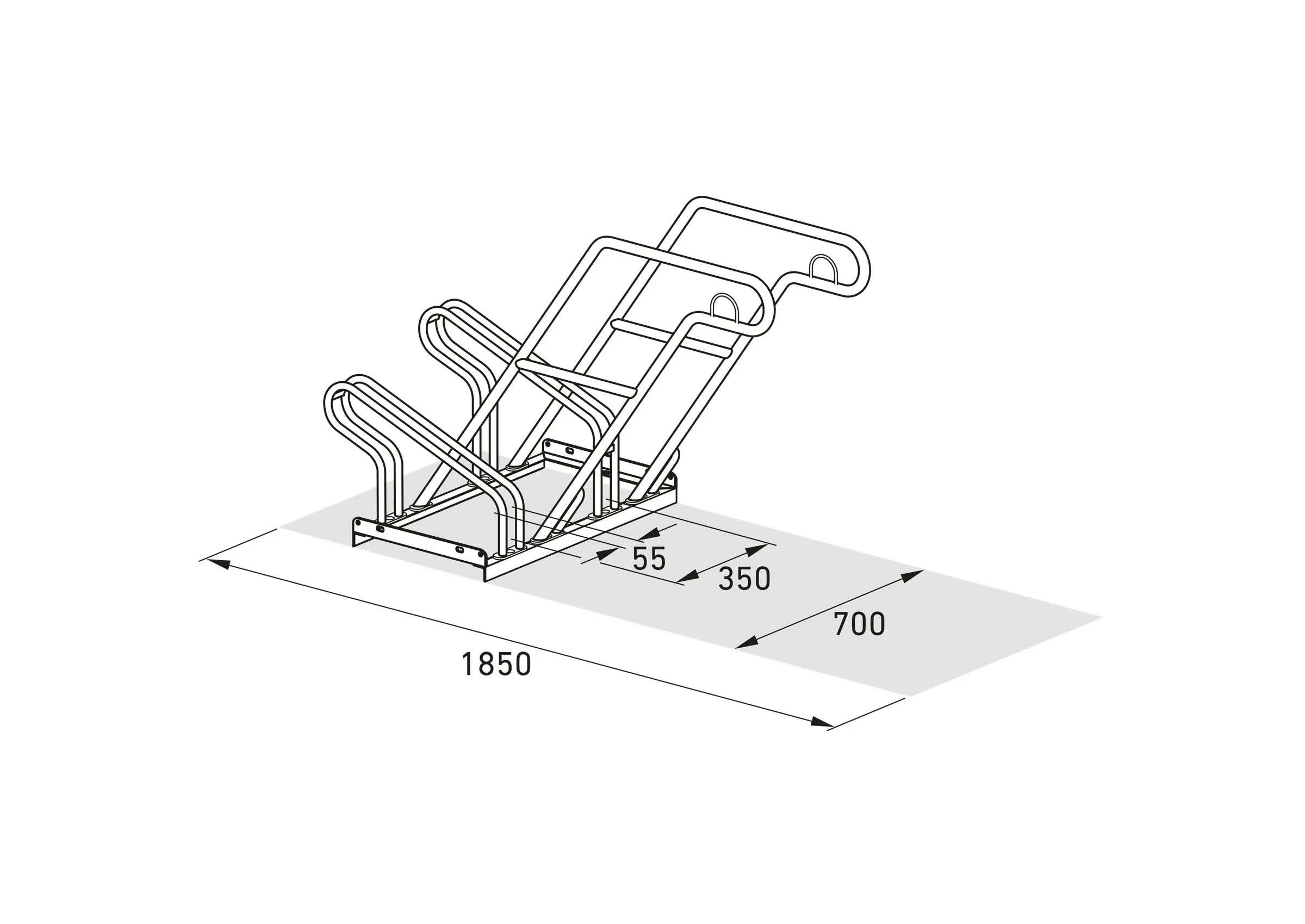 Isometrische technische Zeichnung eines Fahrradparksystems mit Maßangaben aus Metall.