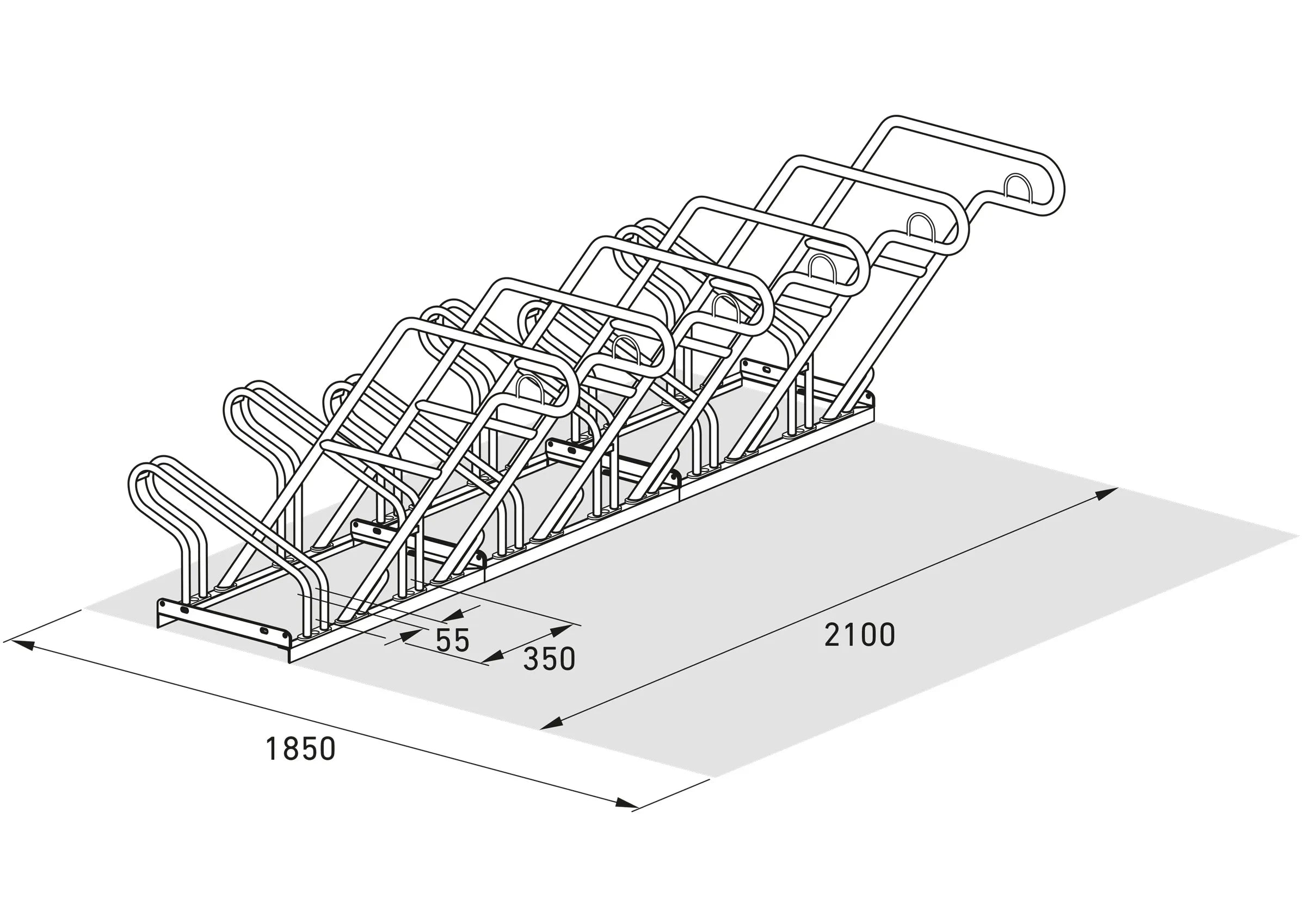 Isometrische Zeichnung eines Fahrradständers aus Metall für 6 Fahrräder mit Maßangaben.