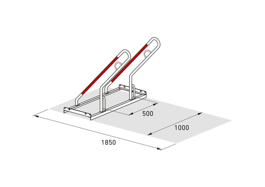 Isometrische Masszeichnung eines Fahrradparksystems aus Metall mit Maßen 1850x1000x500 mm.