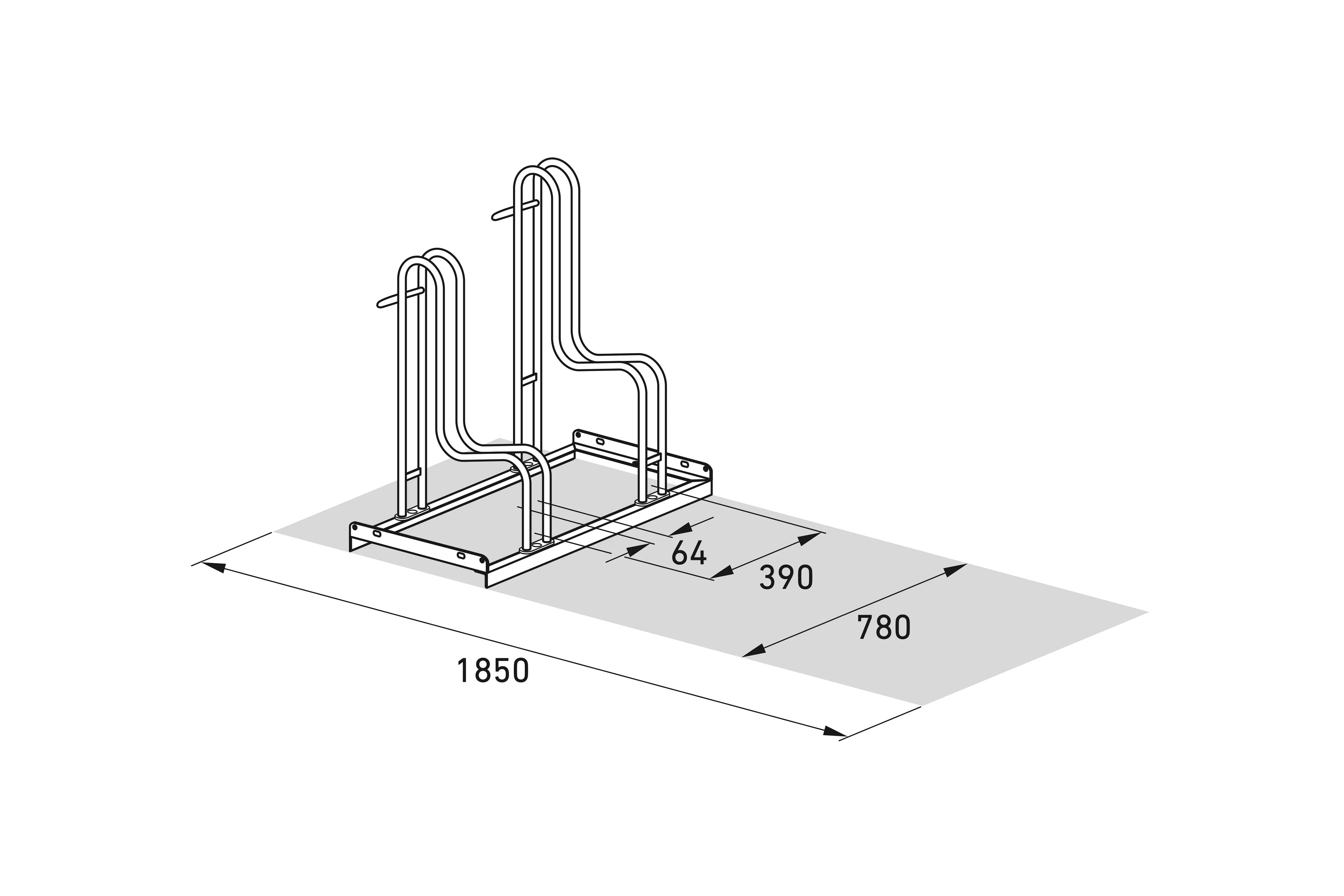 Isometrische Masszeichnung eines Fahrradständers aus Metall mit Maßen 1850x780 mm.