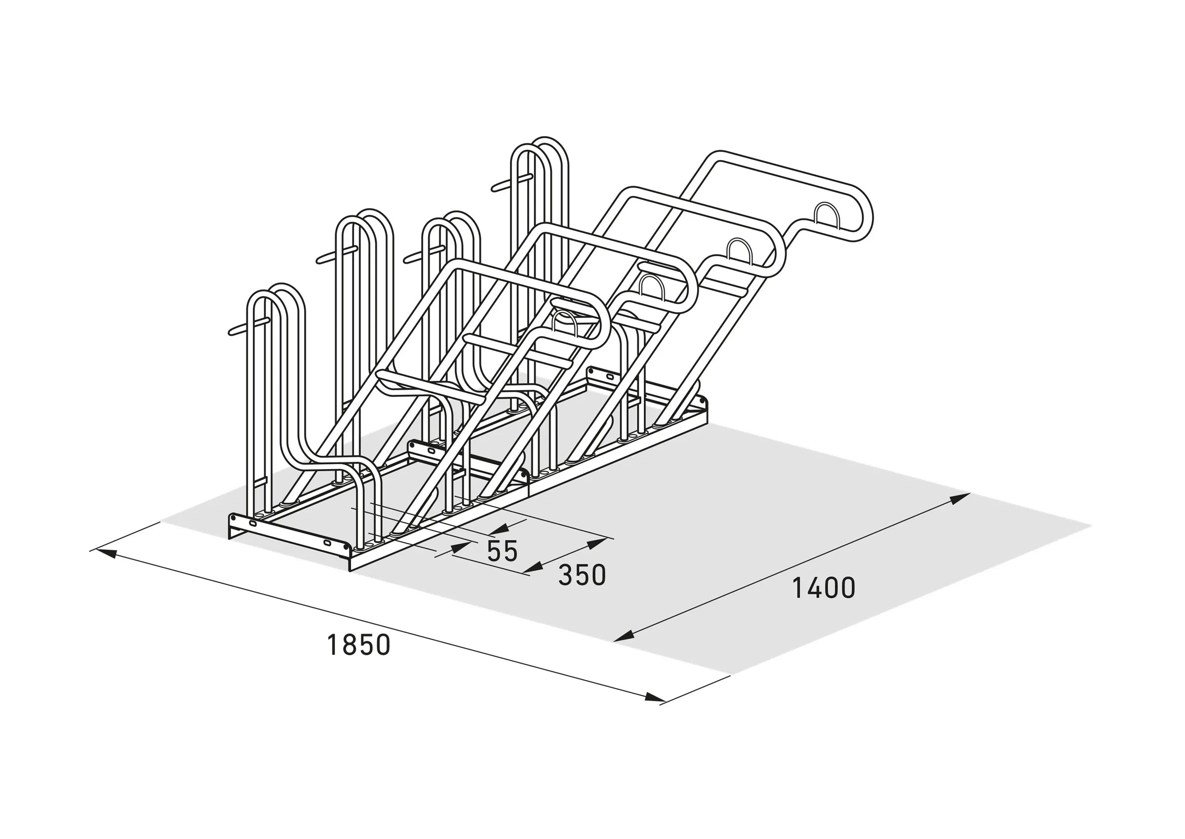 Isometrische Zeichnung eines Fahrradständers aus Metall mit Maßangaben, Fahrradparksystem