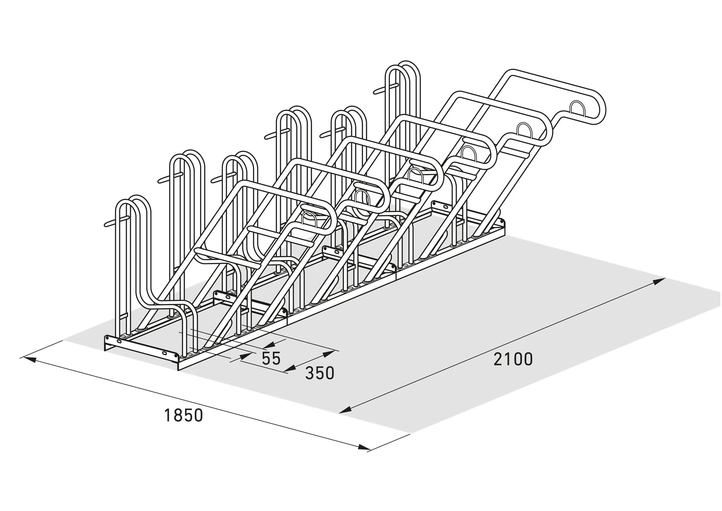 Isometrische Zeichnung eines Fahrradständers aus Metall mit Maßen, ideal für Fahrradparksysteme.