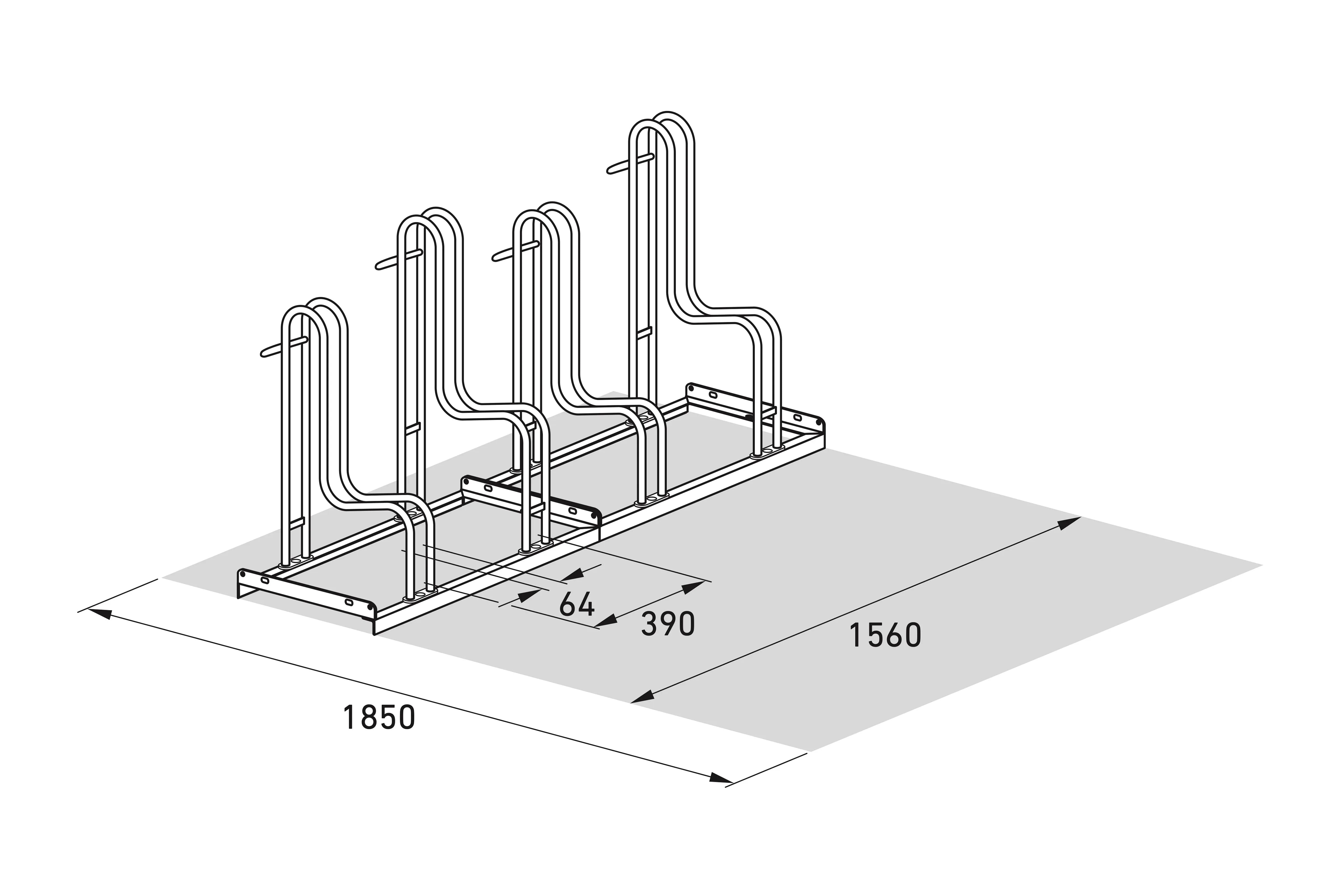 Isometrische technische Zeichnung Fahrradständer, Maße 1850x1560 mm, vier Stellplätze