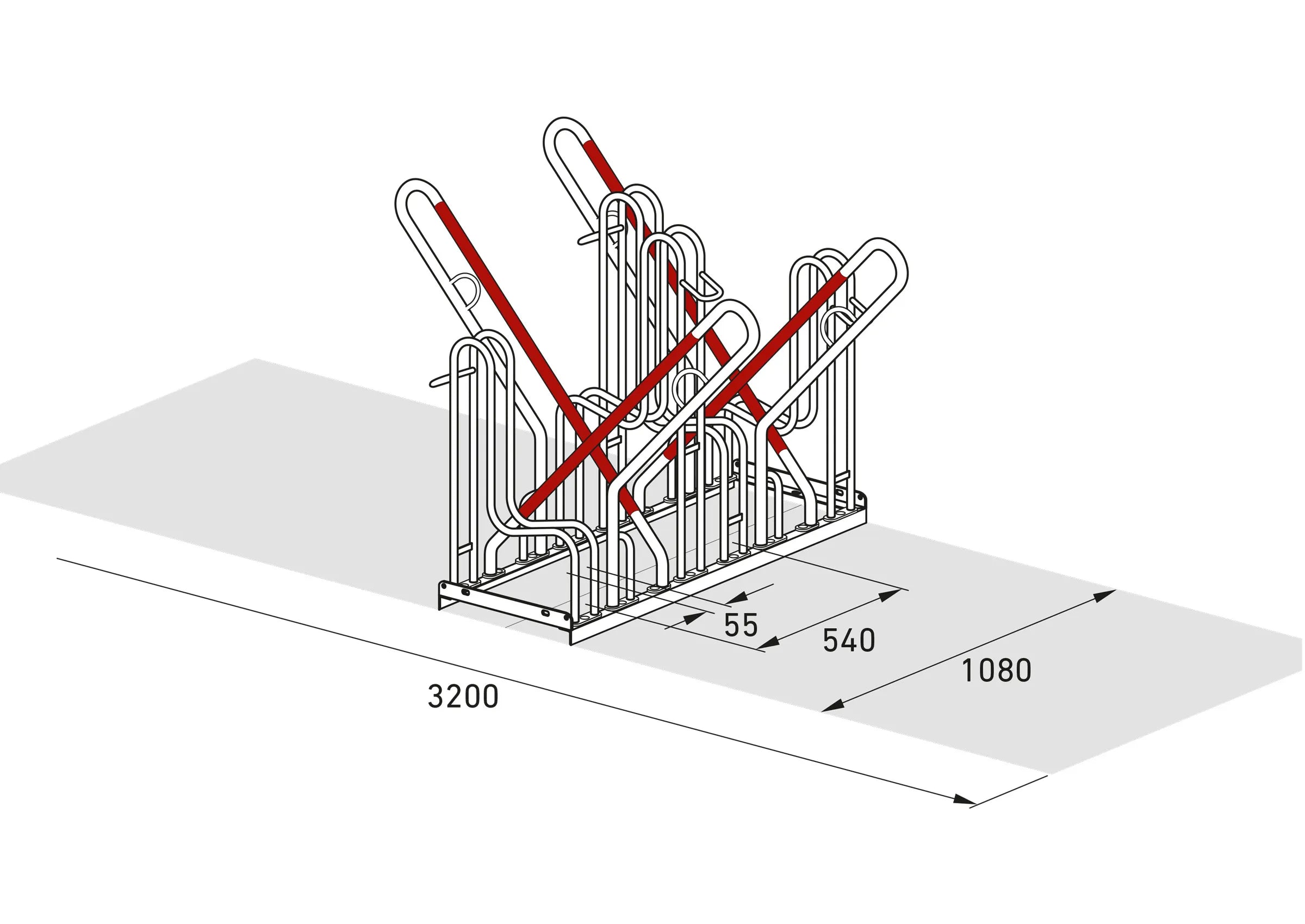 Isometrische Zeichnung eines Fahrradständers aus Metall mit Maßen, Platz für mehrere Fahrräder.