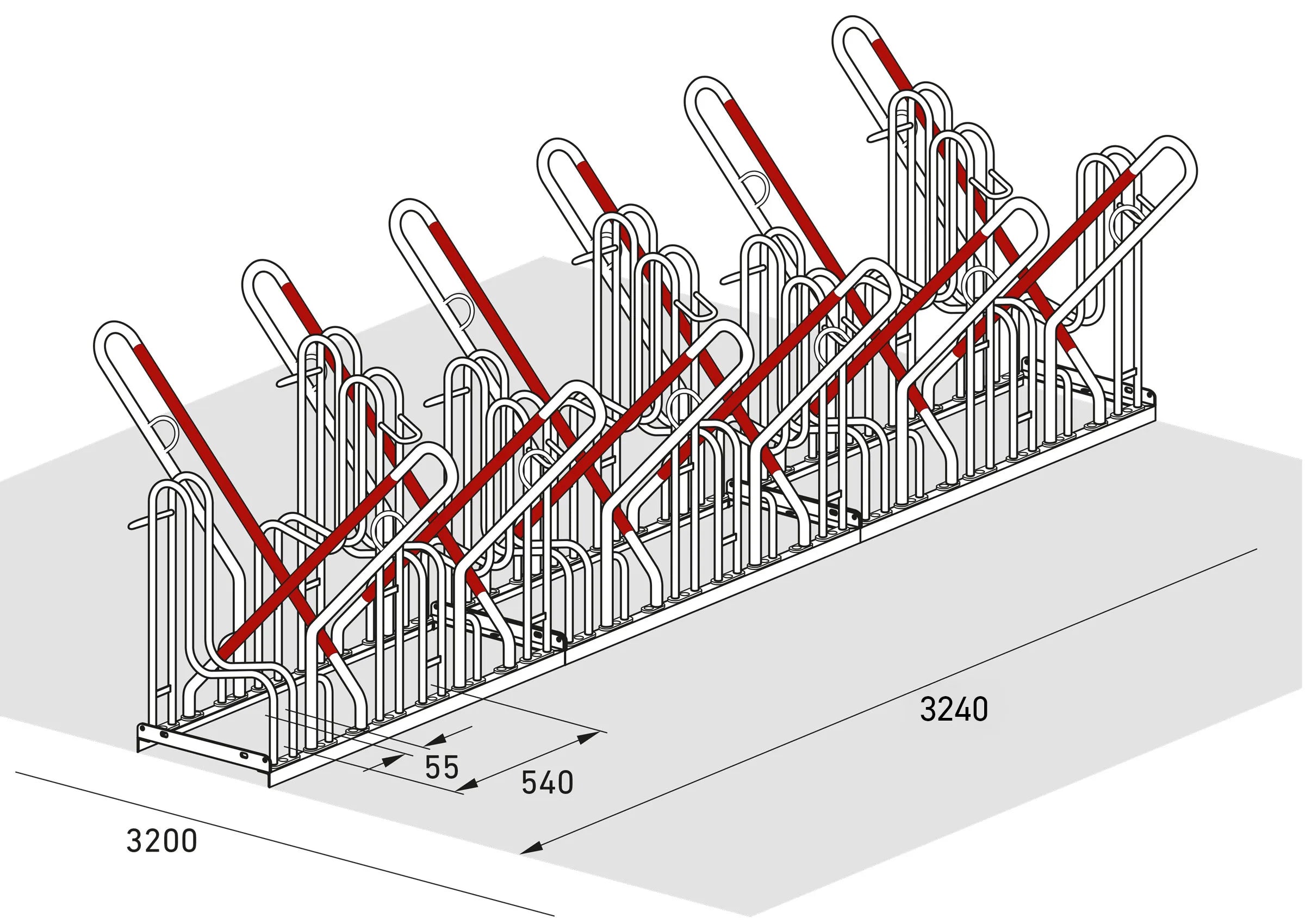 Isometrische Zeichnung Fahrradparksystem aus Metall mit Maßangaben, Reihenparker, robust