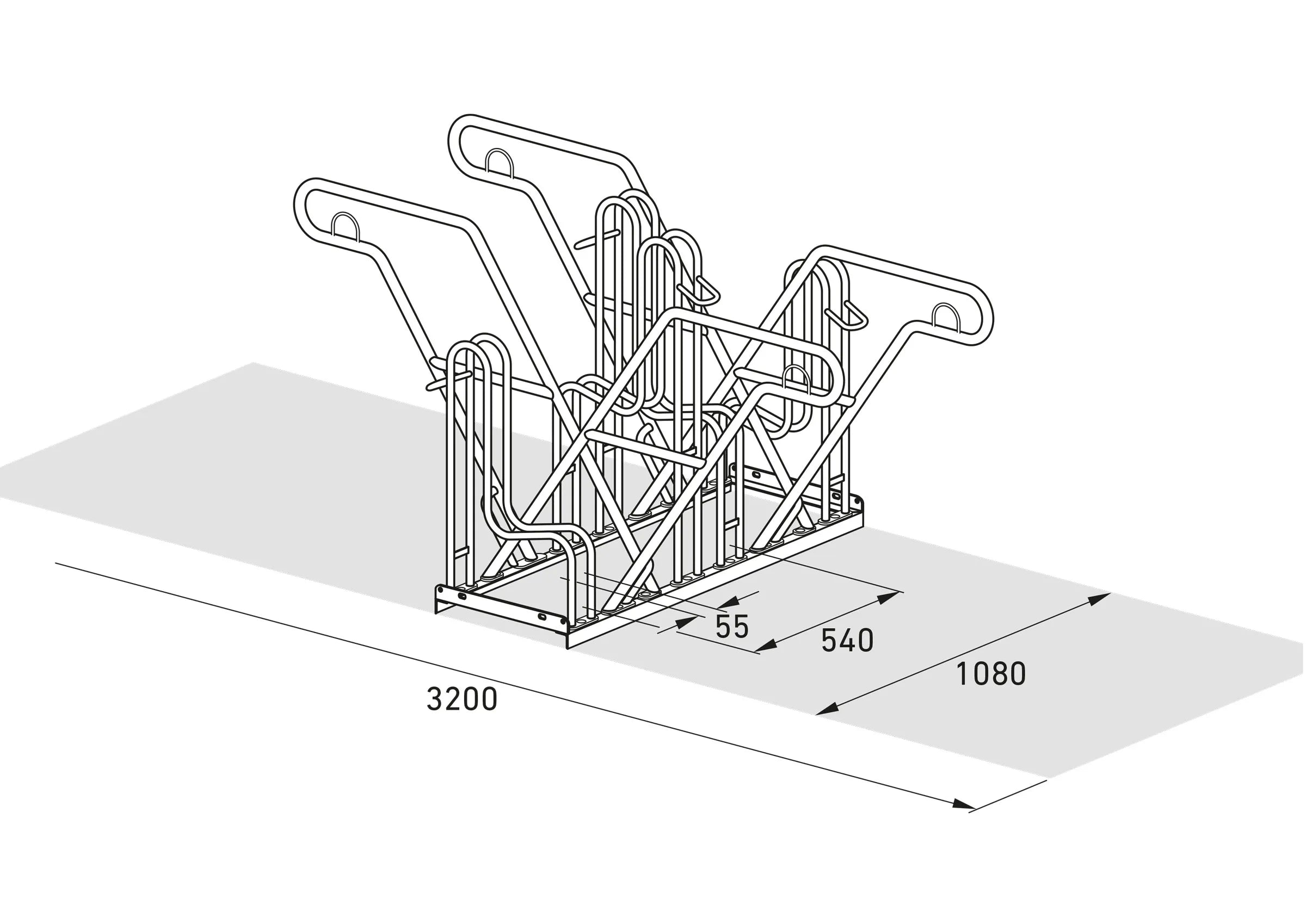 Isometrische Zeichnung Fahrradparksystem aus Metall mit Maßen 3200x1080 mm, Platz für mehrere Fahrräder.