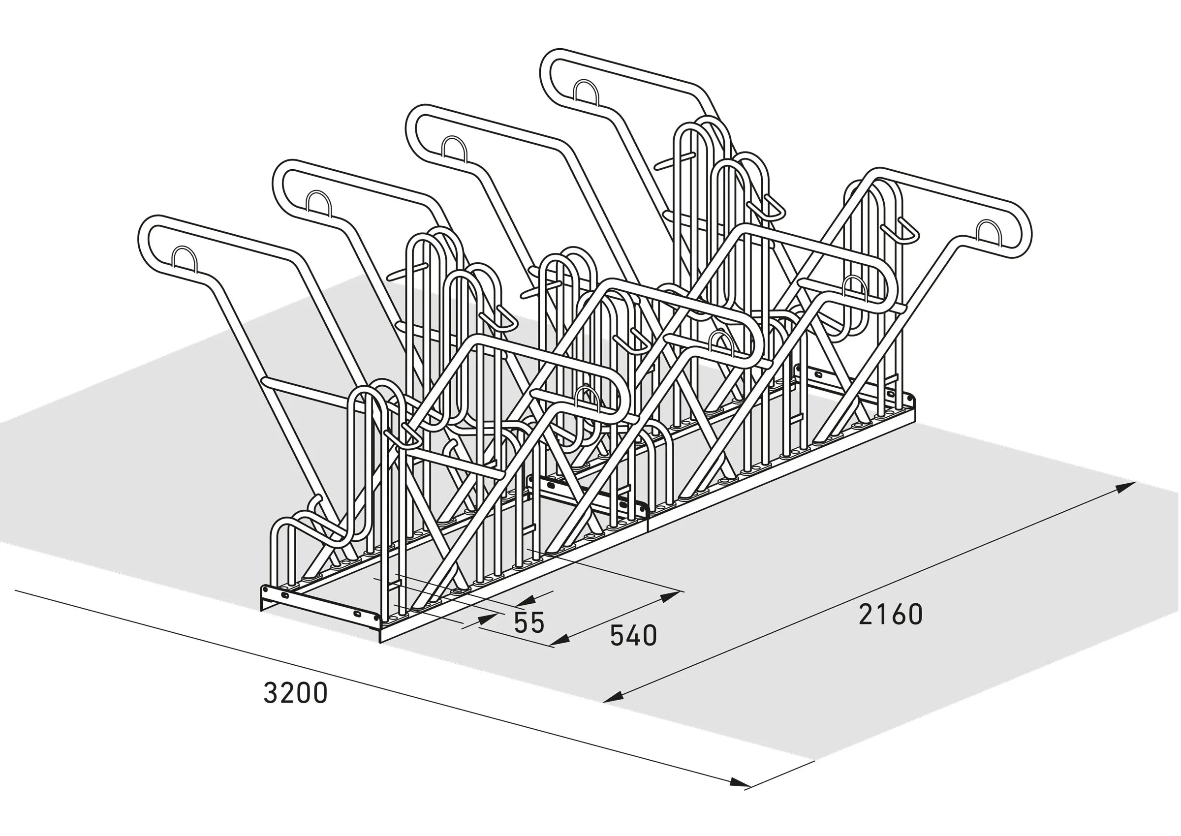 Isometrische Zeichnung eines Fahrradständers aus Metall mit Maßen, geeignet für mehrere Fahrräder.