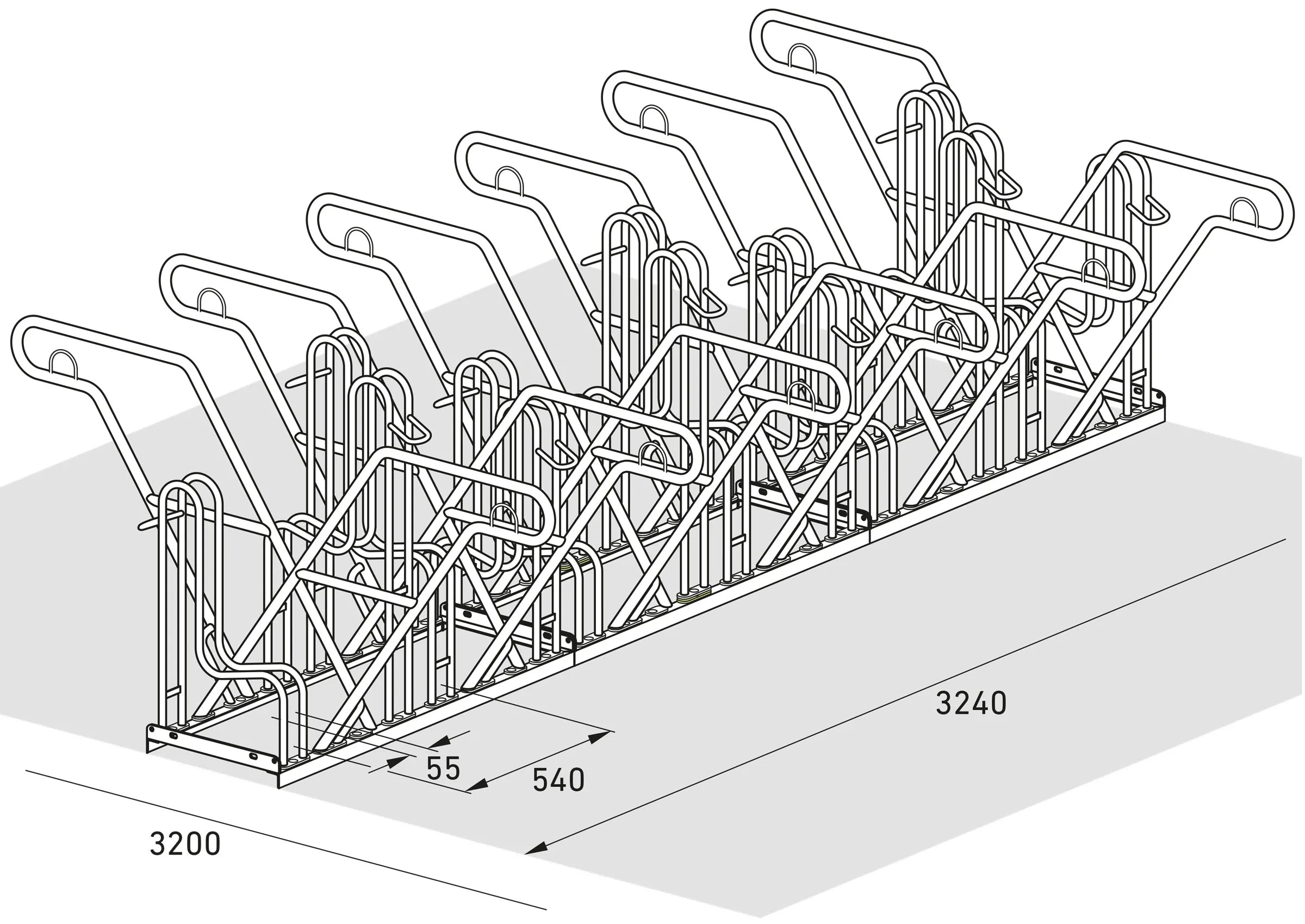 Isometrische Zeichnung eines Fahrradparksystems aus Metall mit Maßangaben, Reihenanordnung