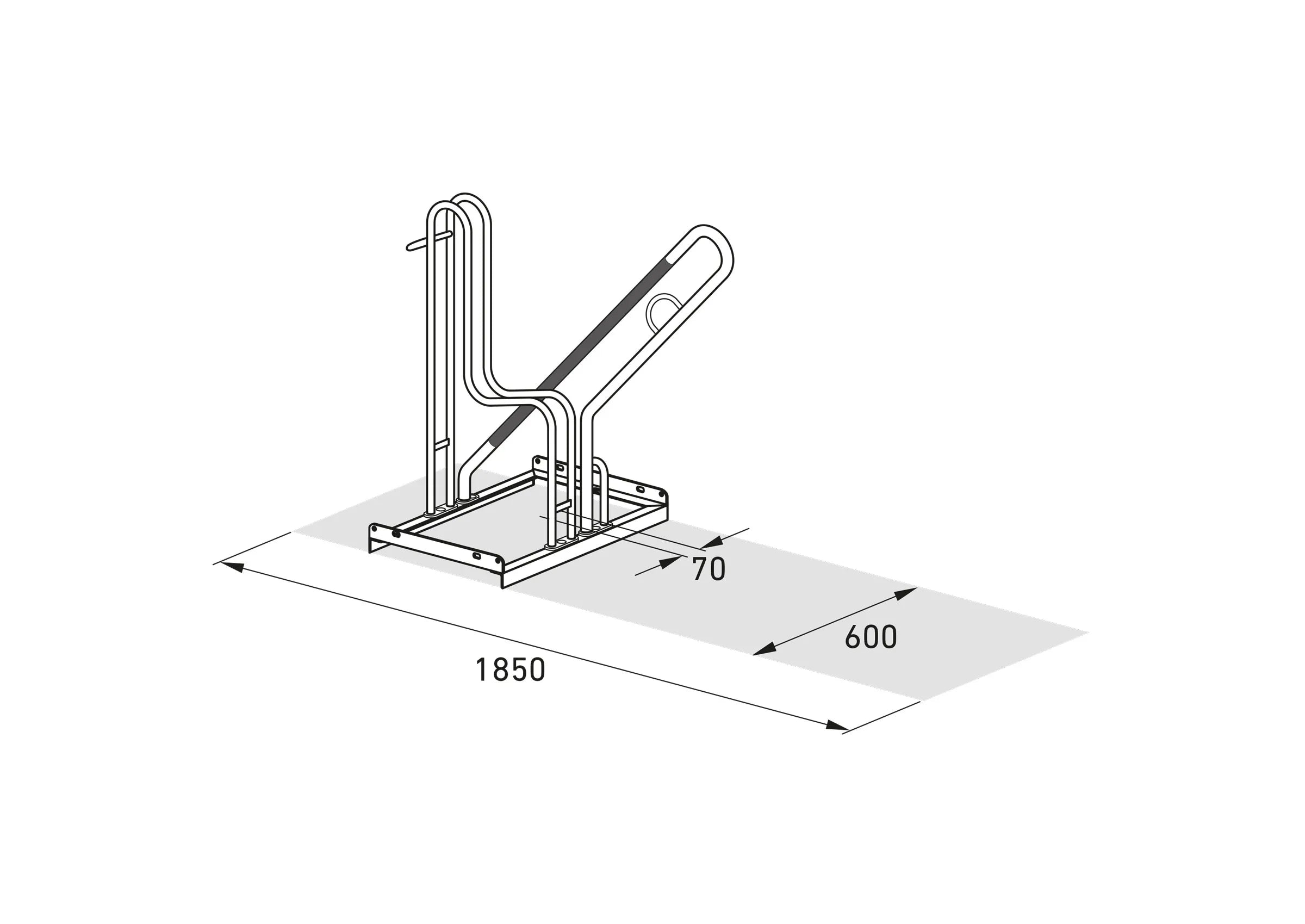 Isometrische technische Zeichnung eines Fahrradparksystems aus Metall mit Maßen 1850x600x70 mm.