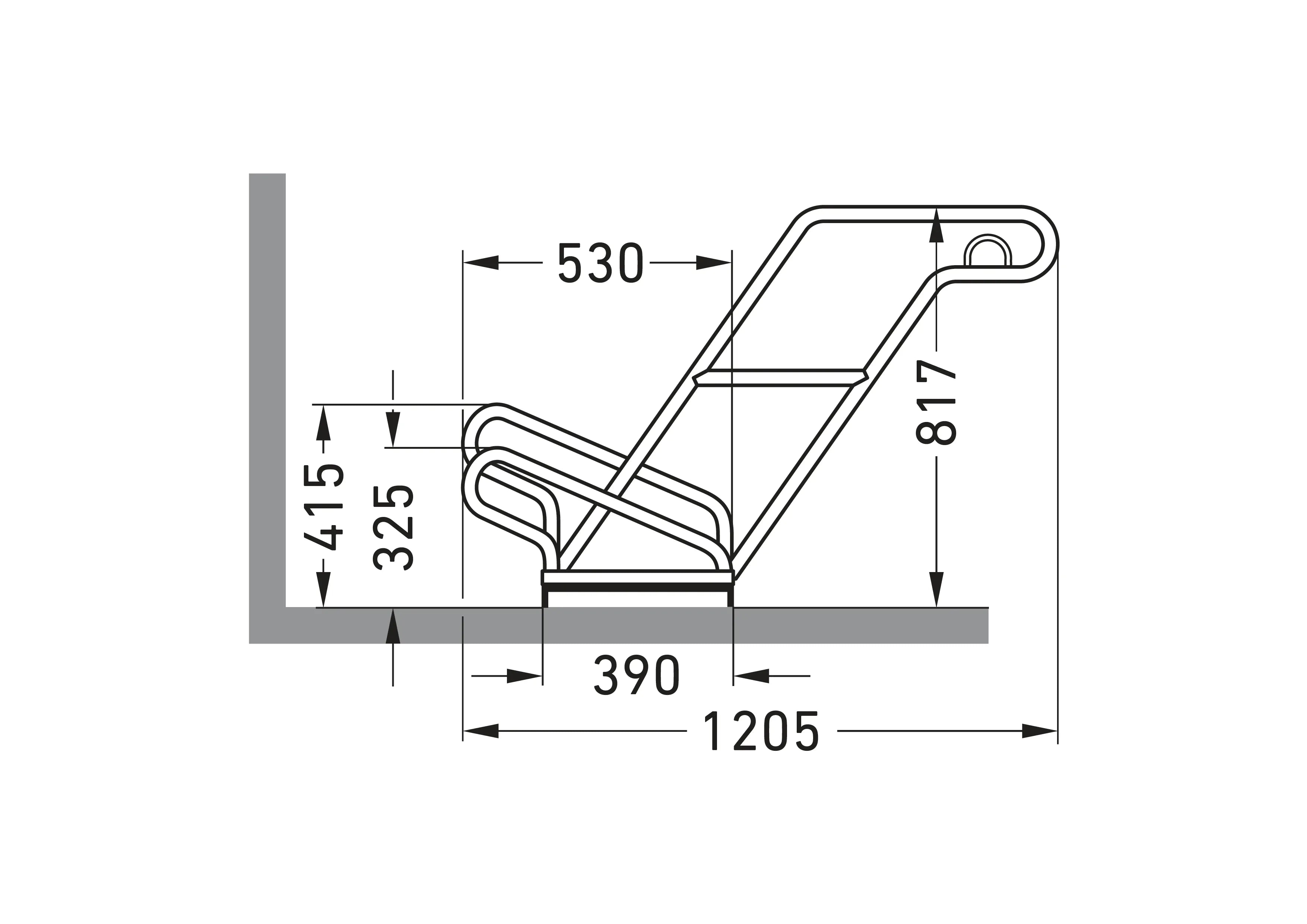 Seitenansicht Masszeichnung eines Fahrradparksystems aus Metall mit Bemaßung