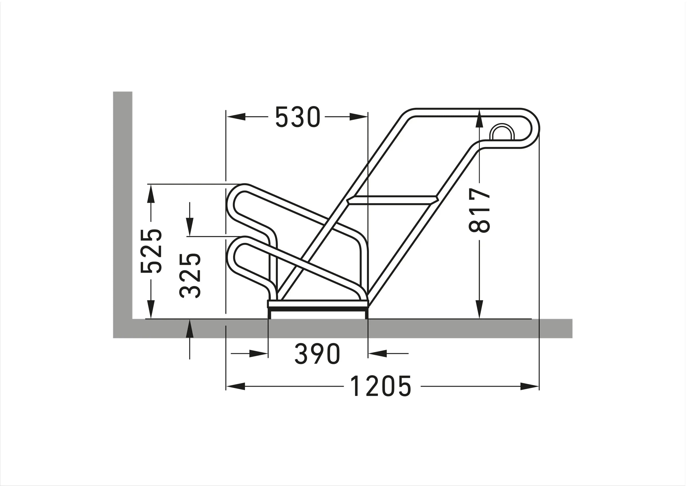 Technische Zeichnung eines Fahrradständers für Wandmontage mit Maßangaben, seitliche Ansicht.