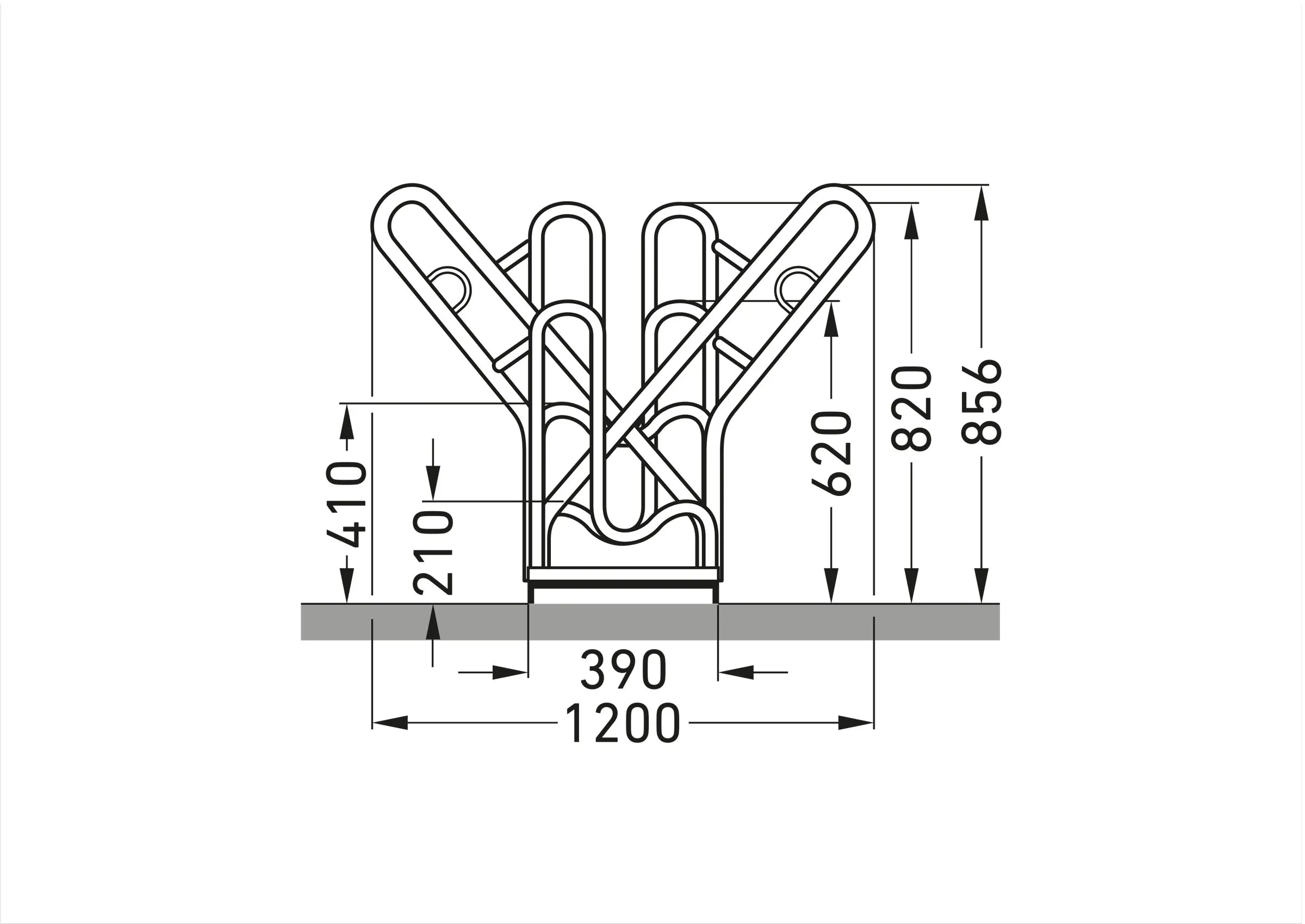 Technische Zeichnung Fahrradparksystem Maße zweiseitig, Seitenansicht, Metallbau