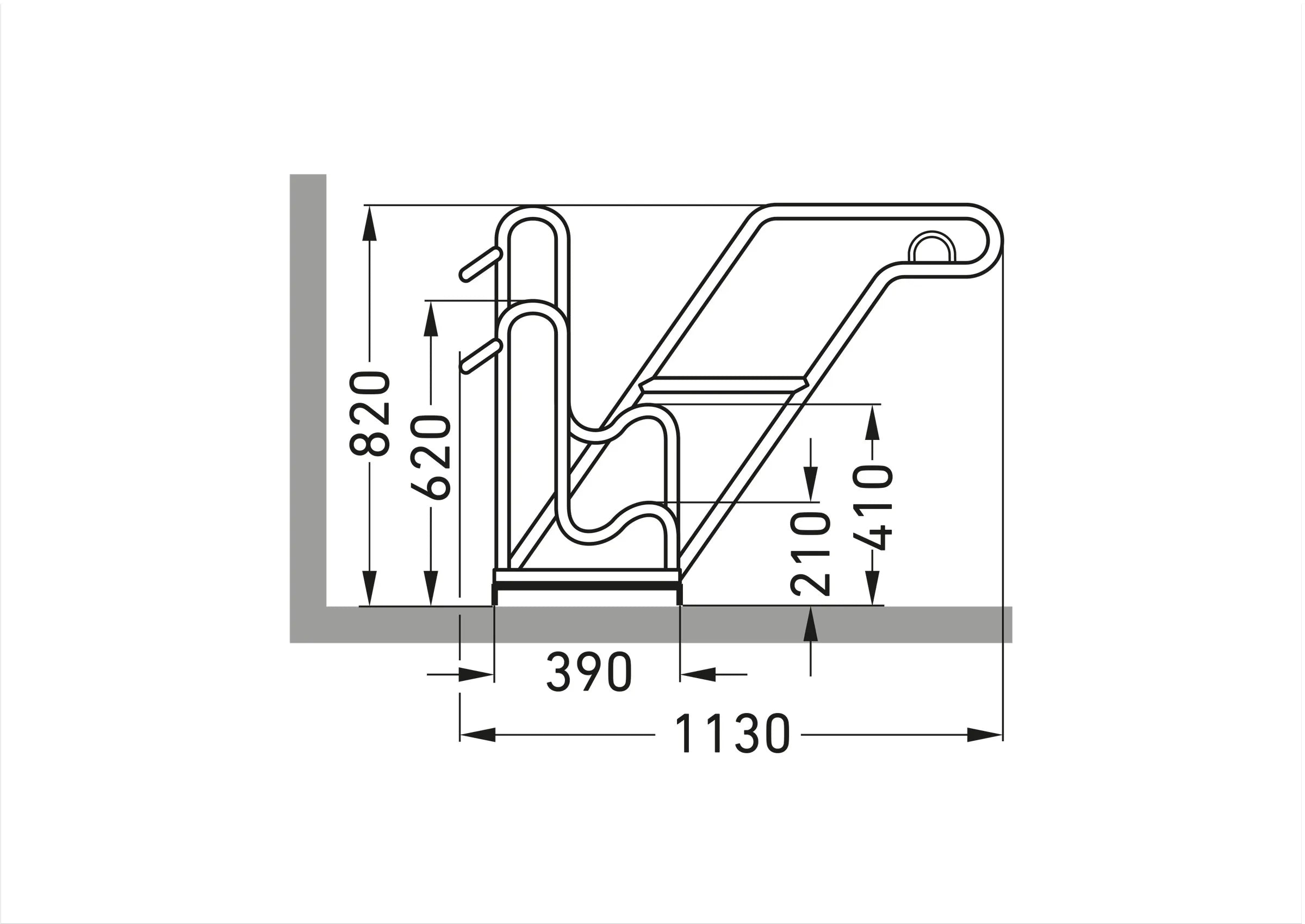 Seitliche technische Zeichnung Fahrradparksystem, Maße und Metallstruktur sichtbar
