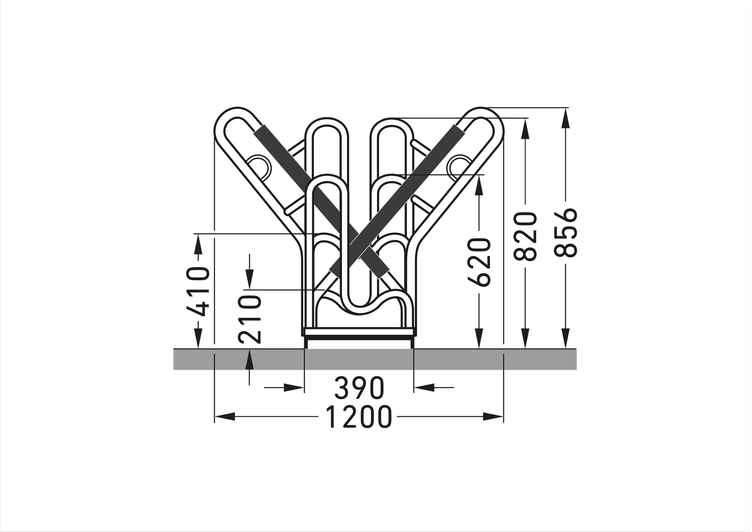 Masszeichnung Seitenansicht Fahrradparksystem, Maße und Metallgestell deutlich sichtbar